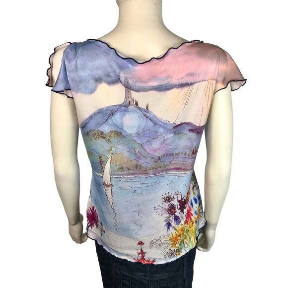 Fantazia Blue & Pink Blouse Watercolor Landscape w/ Blue Rhinestones Top - Picture 5 of 7